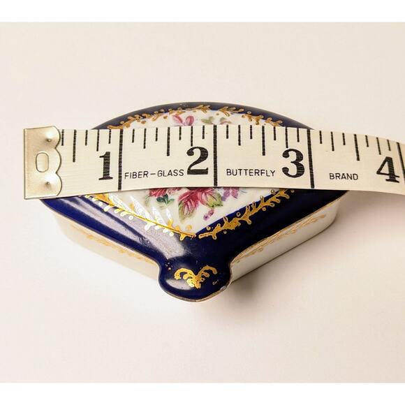 Vtg Norleans Japan Fan Trinket Box 3.5x2.5" Porcelain Floral Cobalt Blue Gold - Picture 8 of 9